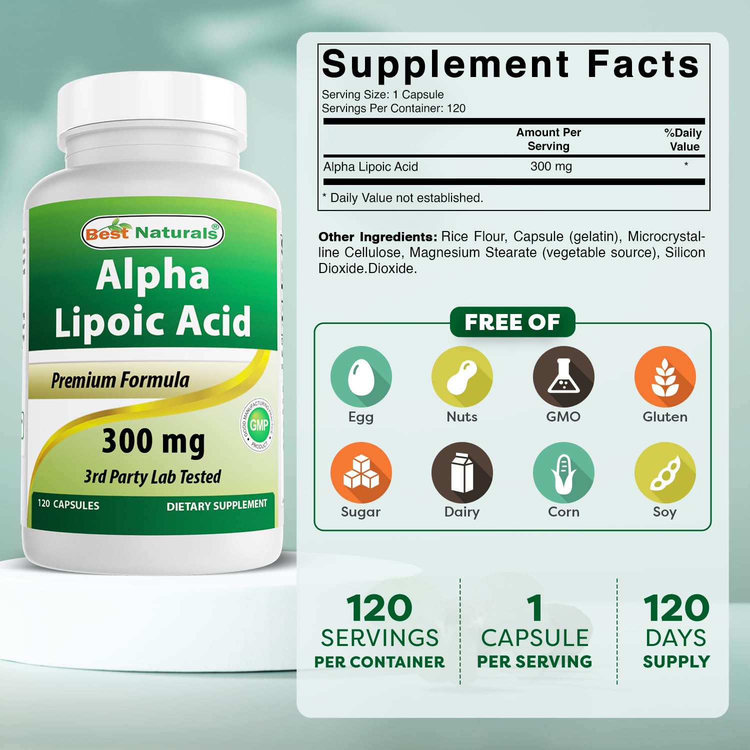 Best Naturals Alpha Lipoic Acid 300mg bottle side view