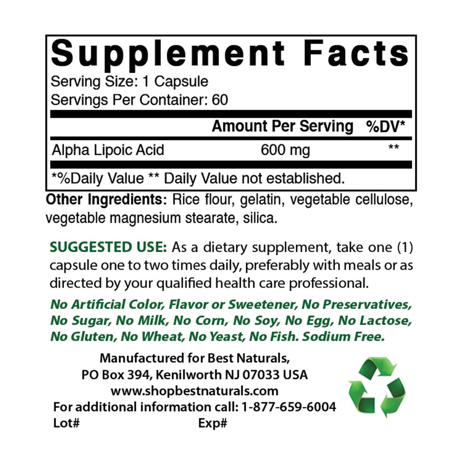 Best Naturals Alpha Lipoic Acid 600mg capsules back view