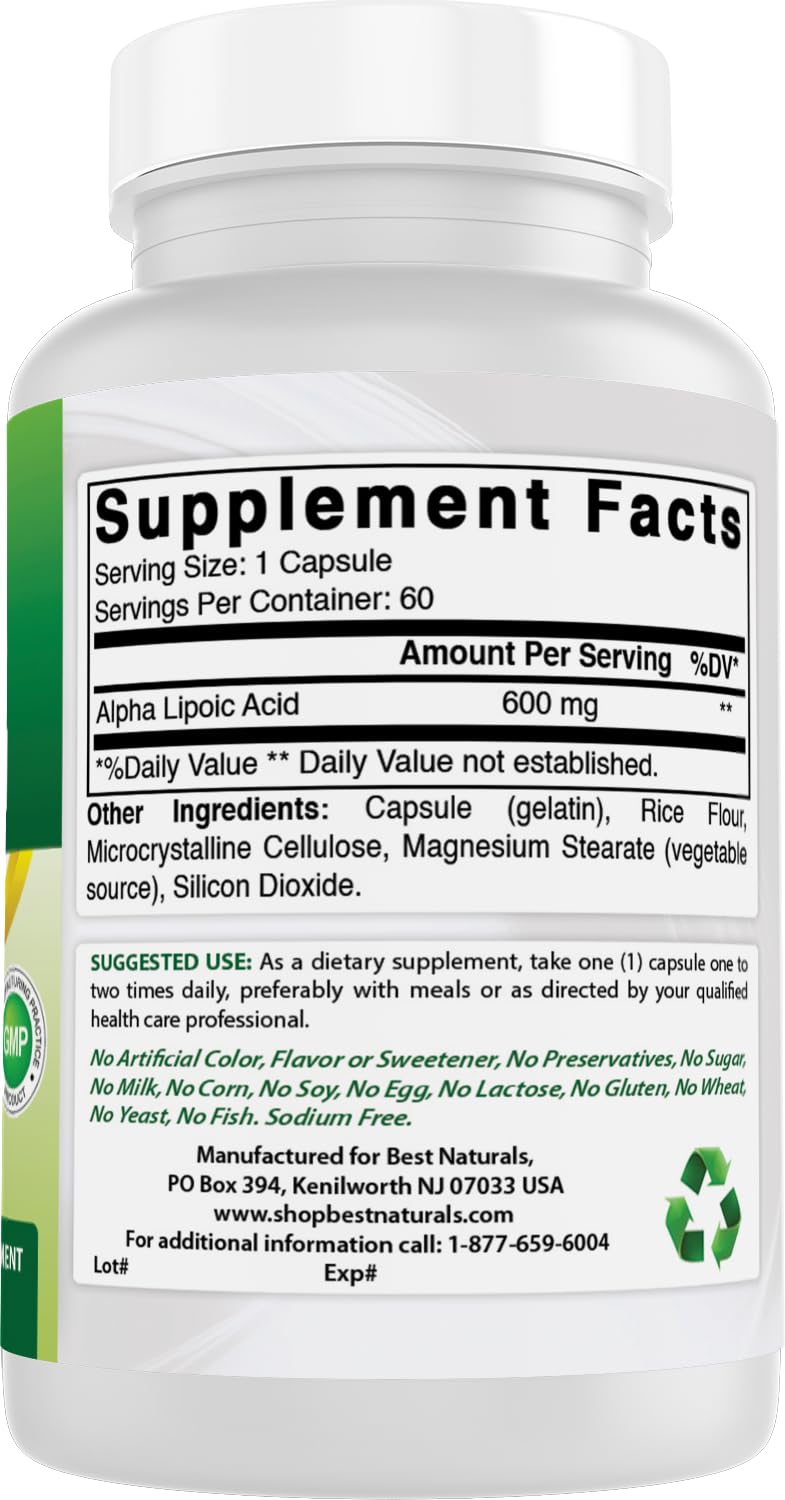 Best Naturals Alpha Lipoic Acid 600mg capsules bottle with label