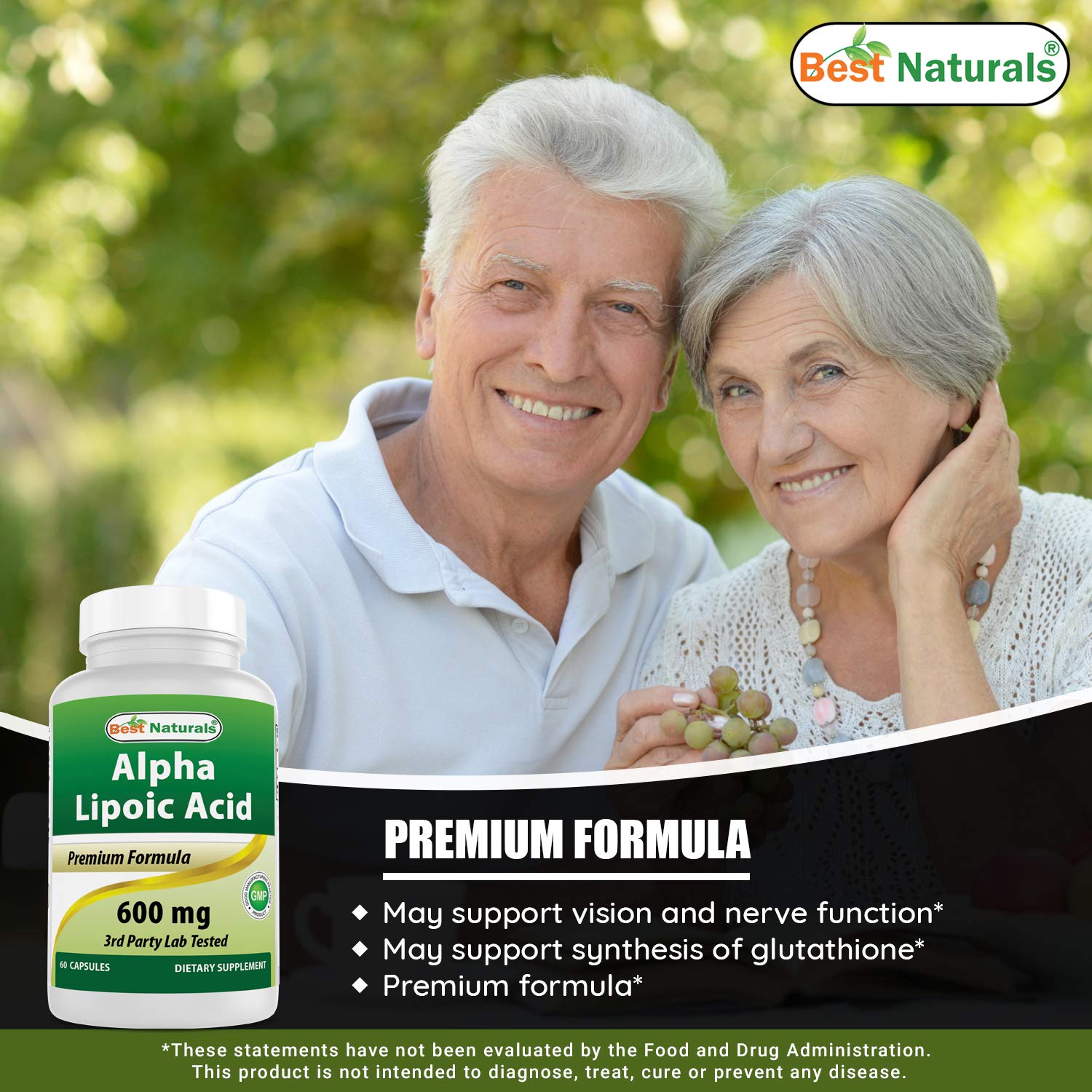 Best Naturals Alpha Lipoic Acid 600mg capsules on a wooden table