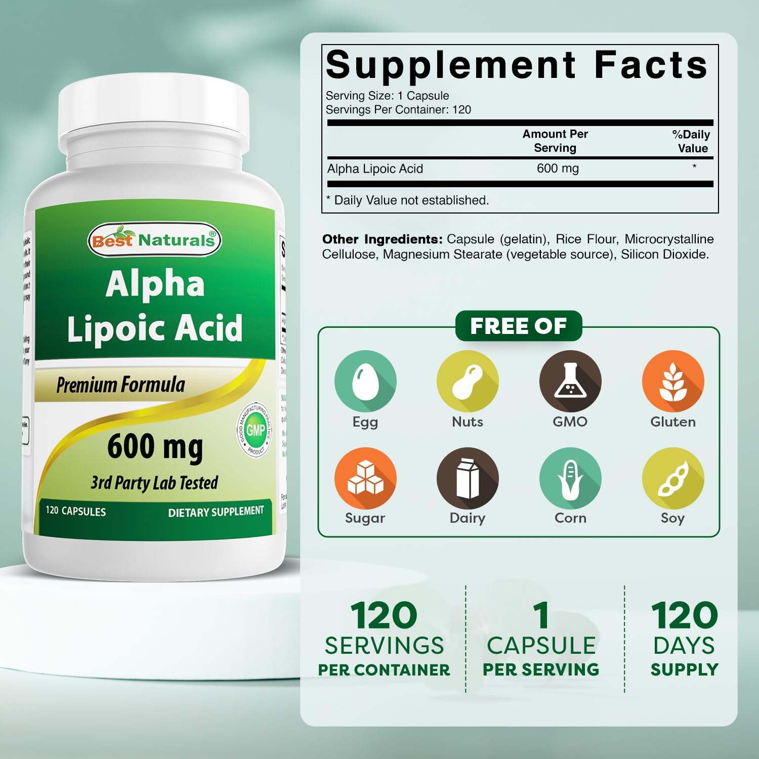 Best Naturals Alpha Lipoic Acid 600mg Capsules side view