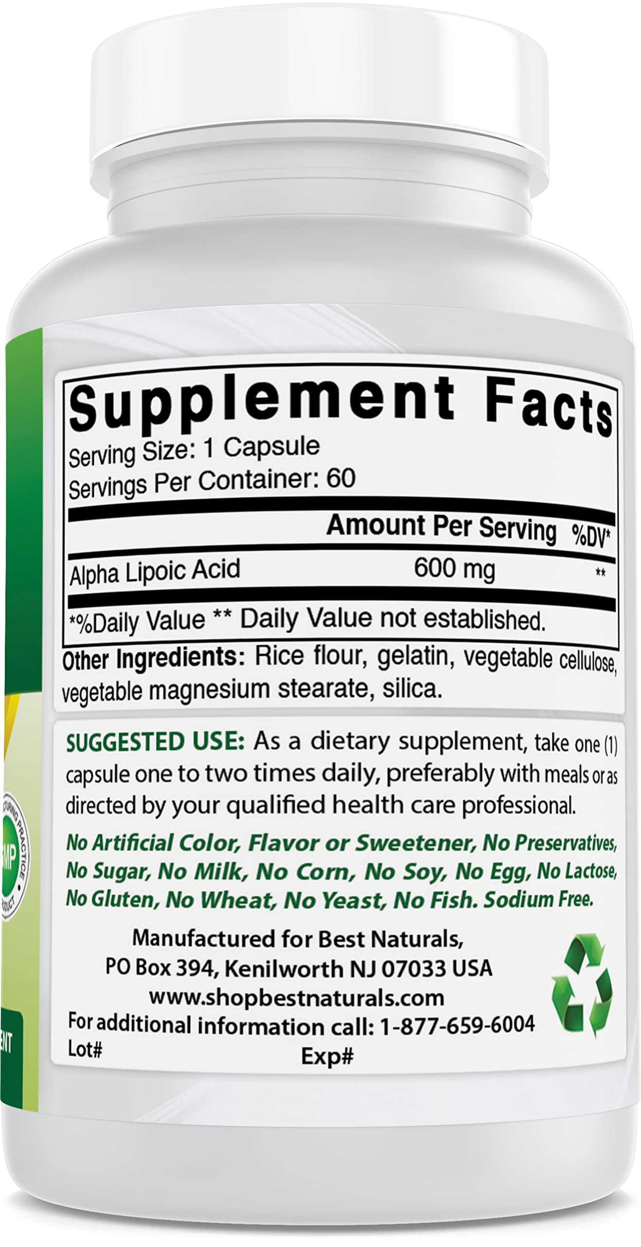 Best Naturals Alpha Lipoic Acid 600mg capsules with measuring spoon