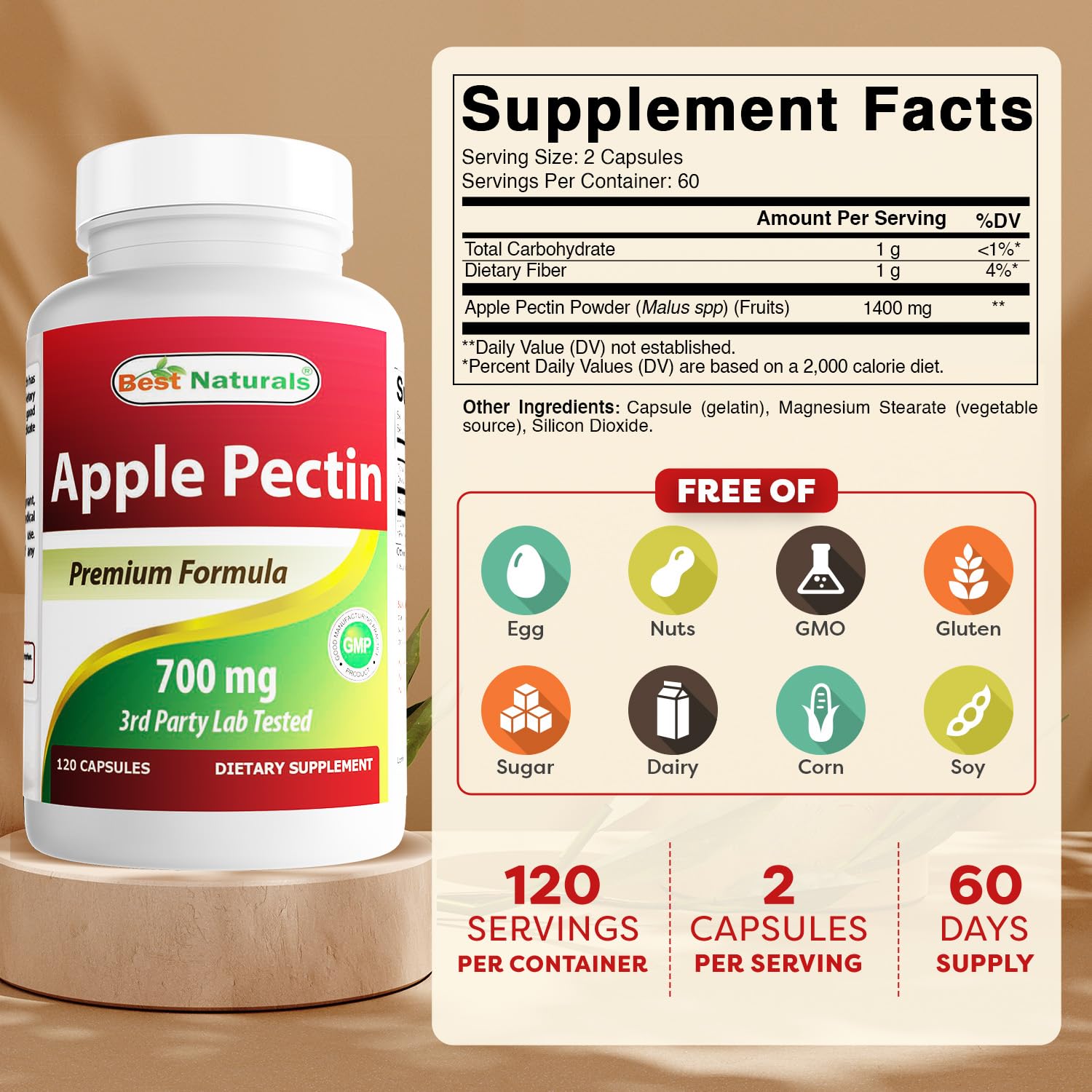 Best Naturals Apple Pectin 120 capsules bottle