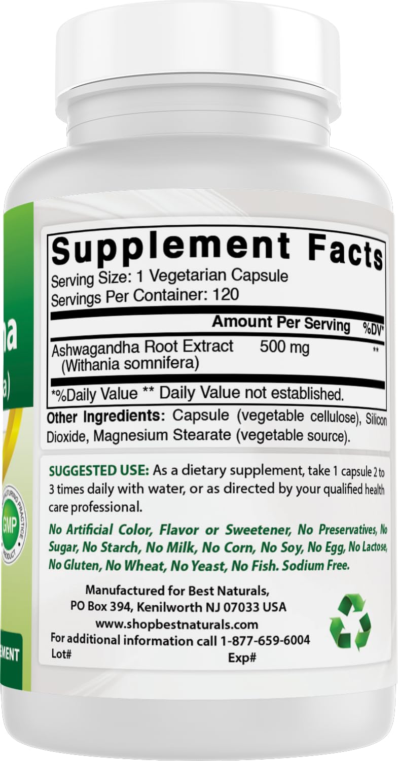 Best Naturals Ashwagandha 500 mg 240 Vegetarian Capsules with herbs