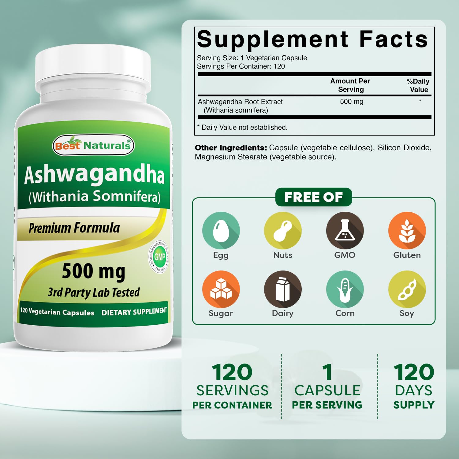 Best Naturals Ashwagandha 500 mg bottle side view