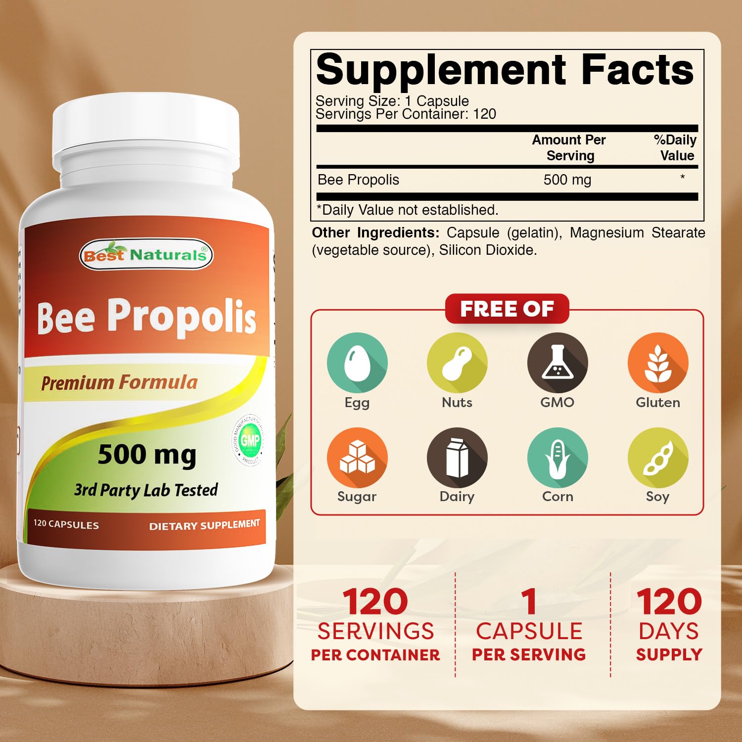 Best Naturals Bee Propolis Capsules 500mg bottle side view