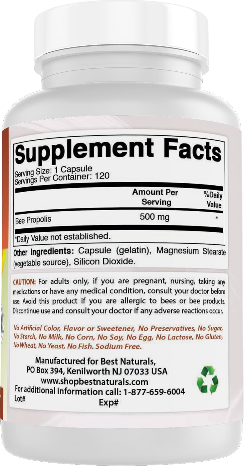 Best Naturals Bee Propolis Capsules 500mg bottle with a measuring spoon
