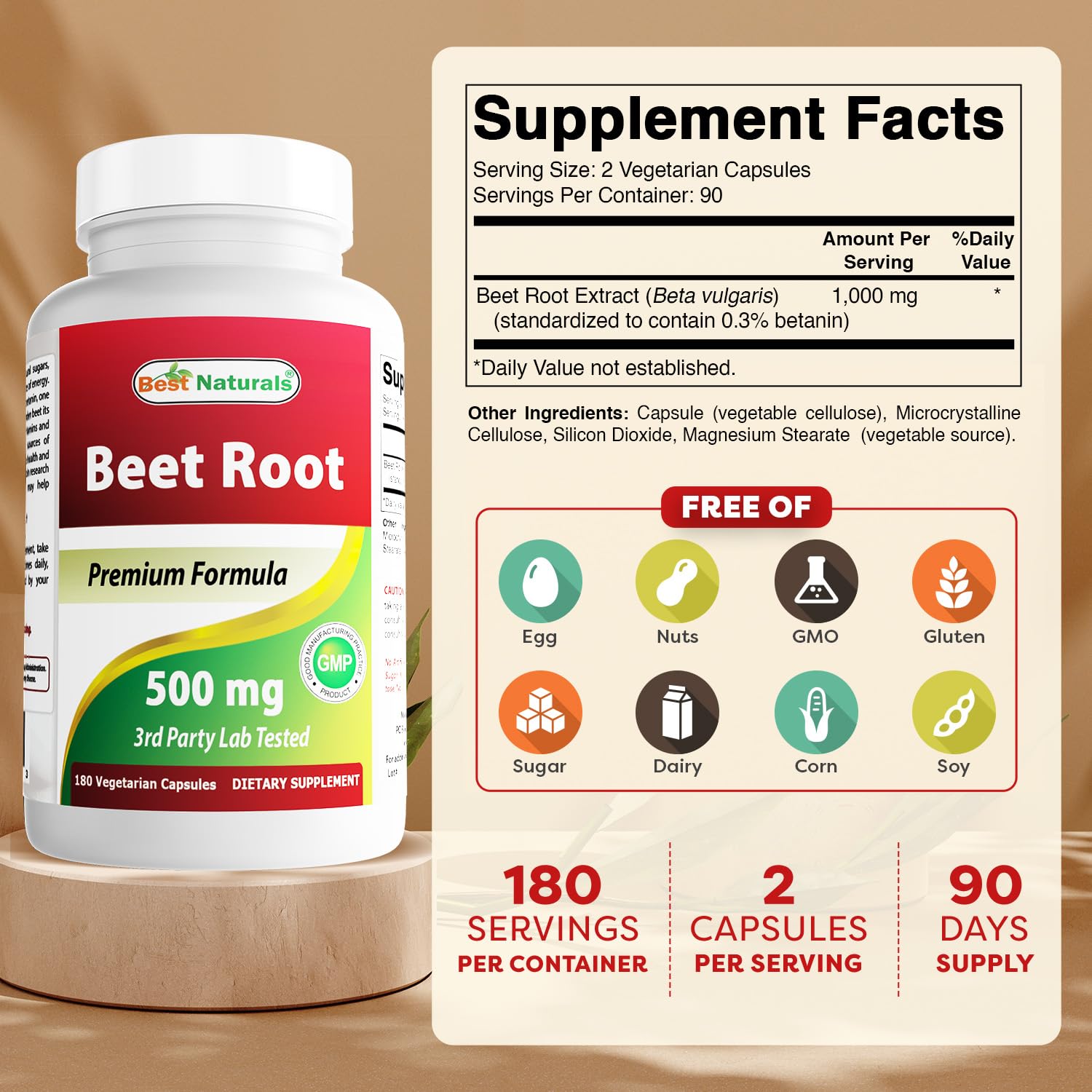 Best Naturals Beet Root Capsules 500mg bottle side view