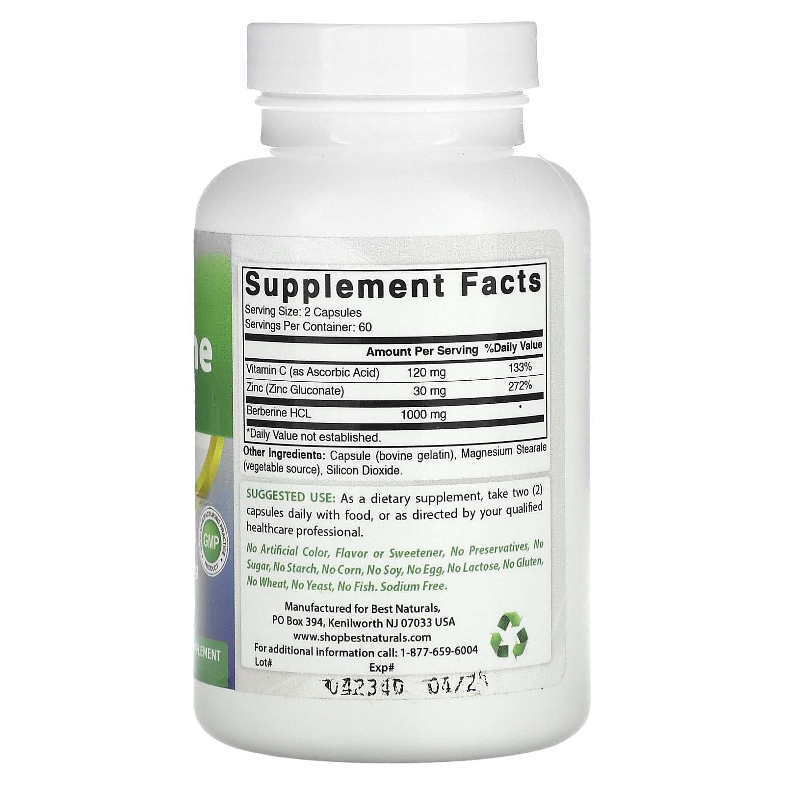 Best Naturals Berberine HCL 1000mg 120 Capsules side view with label