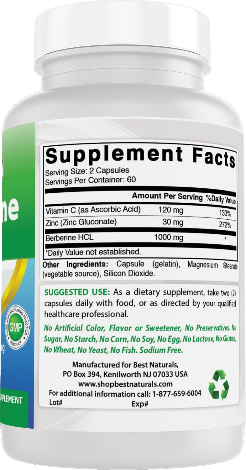Best Naturals Berberine HCL 1000mg capsules on a table