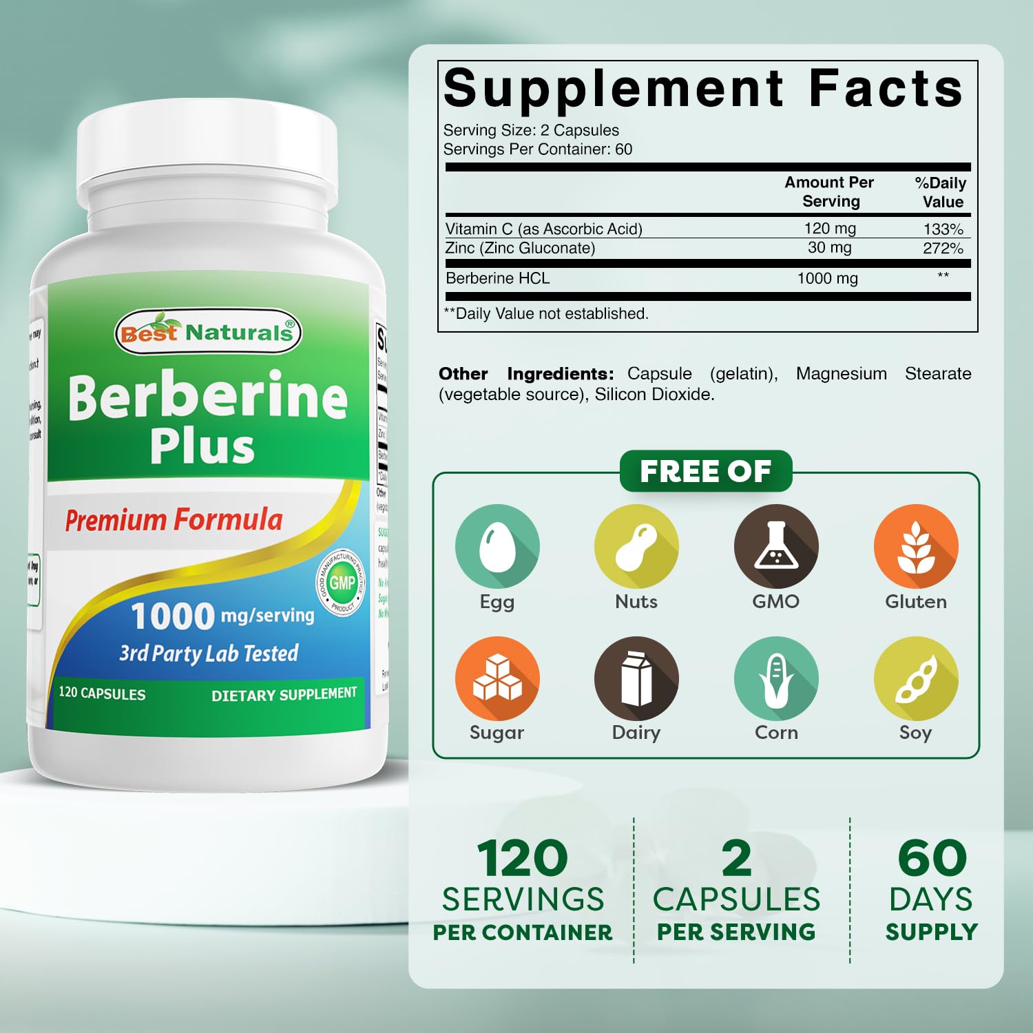 Best Naturals Berberine HCL 1000mg side view of bottle