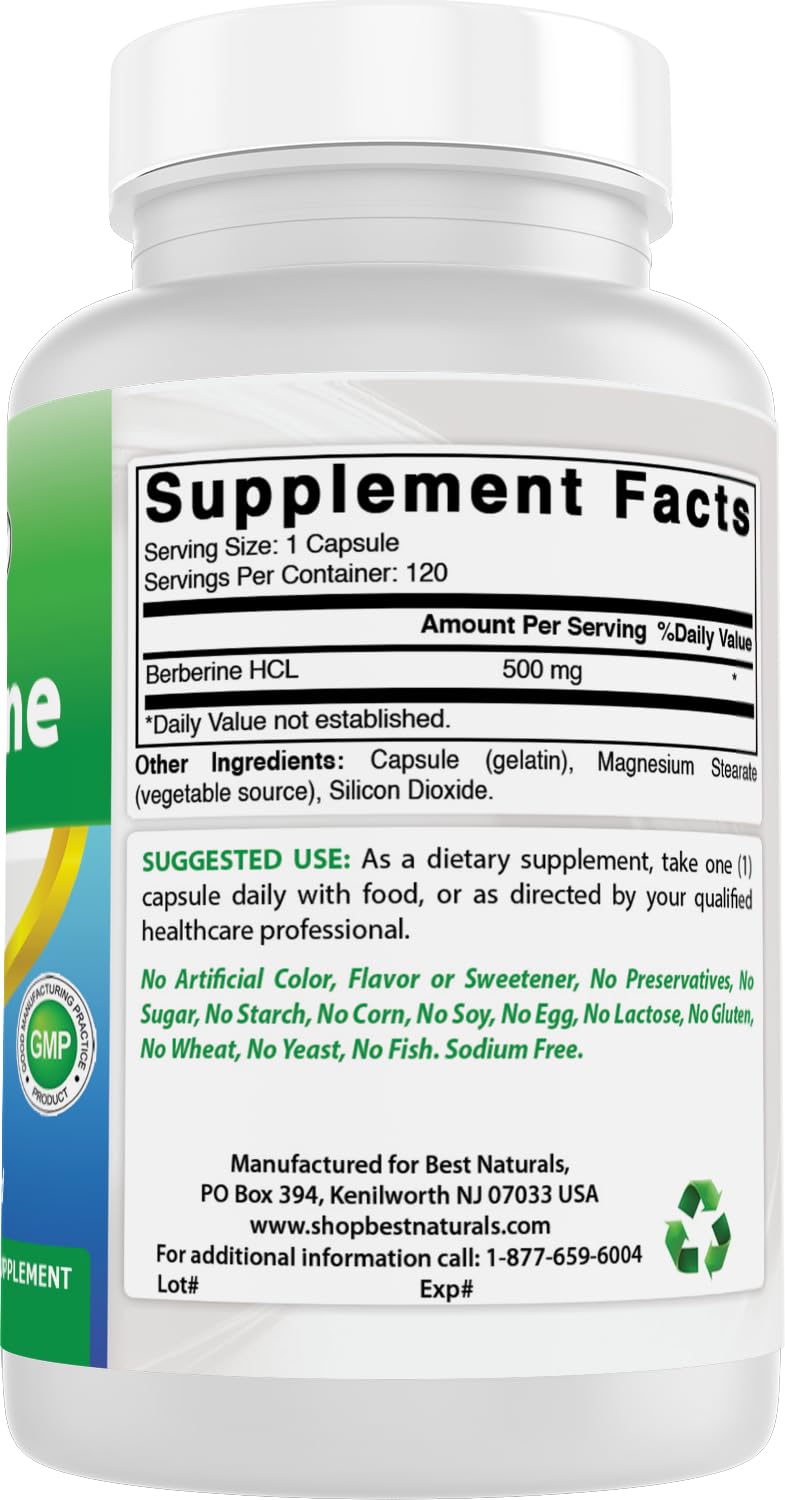 Best Naturals Berberine HCL 500mg Capsules back view