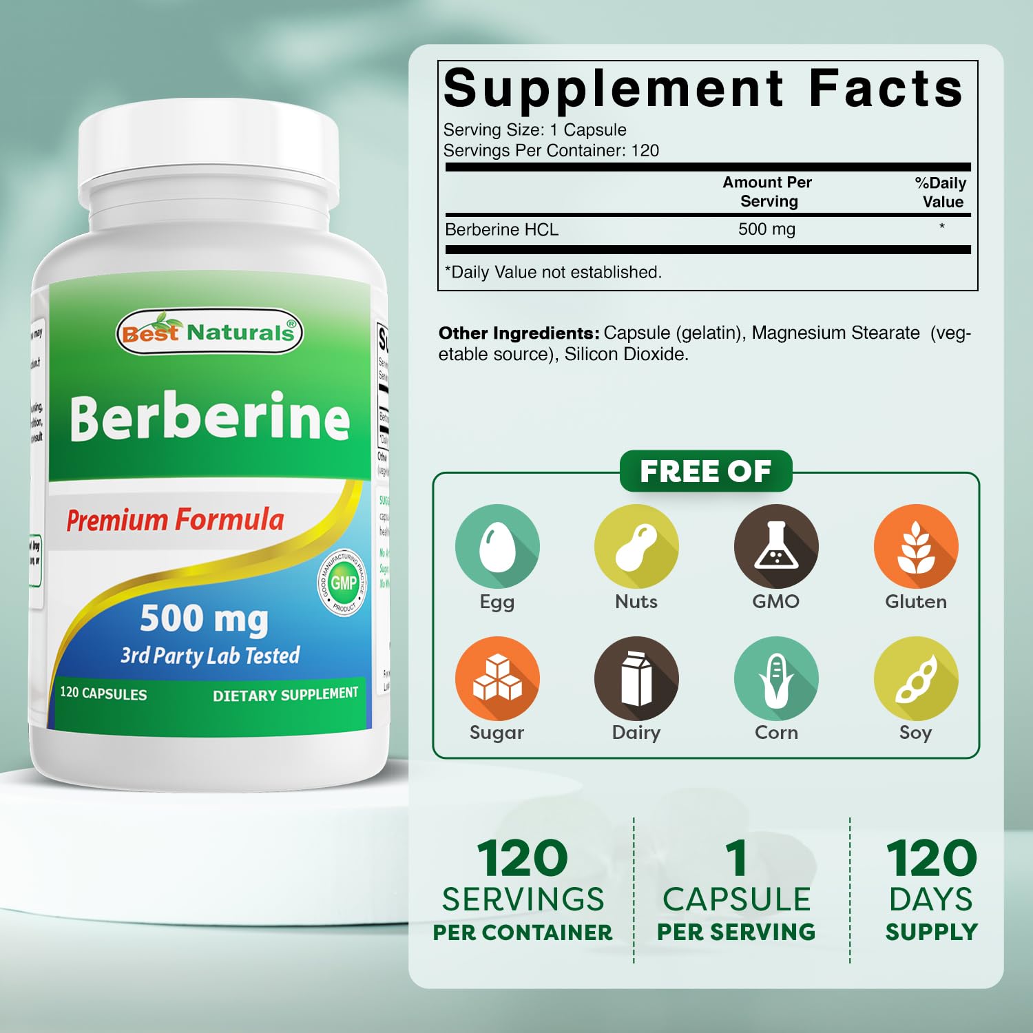 Best Naturals Berberine HCL 500mg Capsules side view