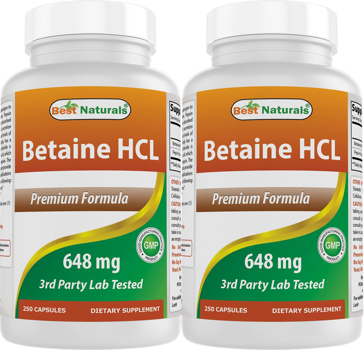 Best Naturals Betaine HCL Capsules 250 count bottle front view