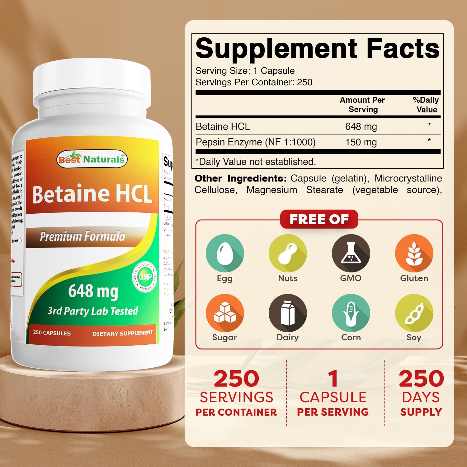Best Naturals Betaine HCL Capsules 648mg side view