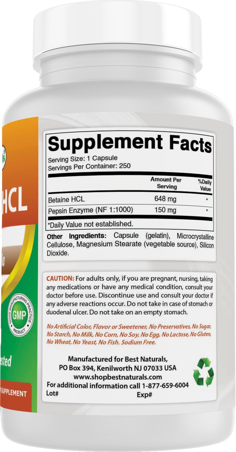 Best Naturals Betaine HCL Capsules bottle on a wooden table