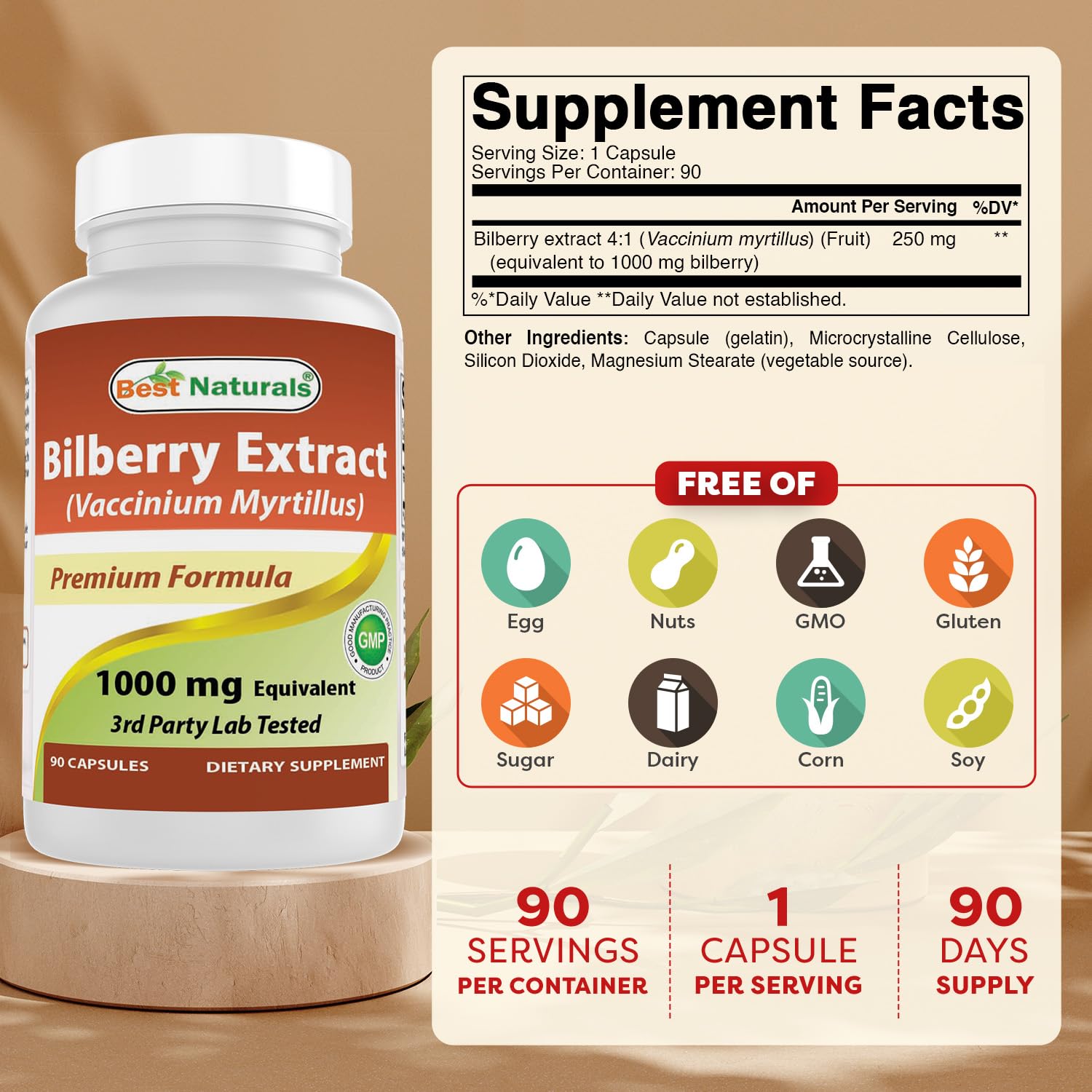 Best Naturals Bilberry Capsules 1000 mg bottle side view