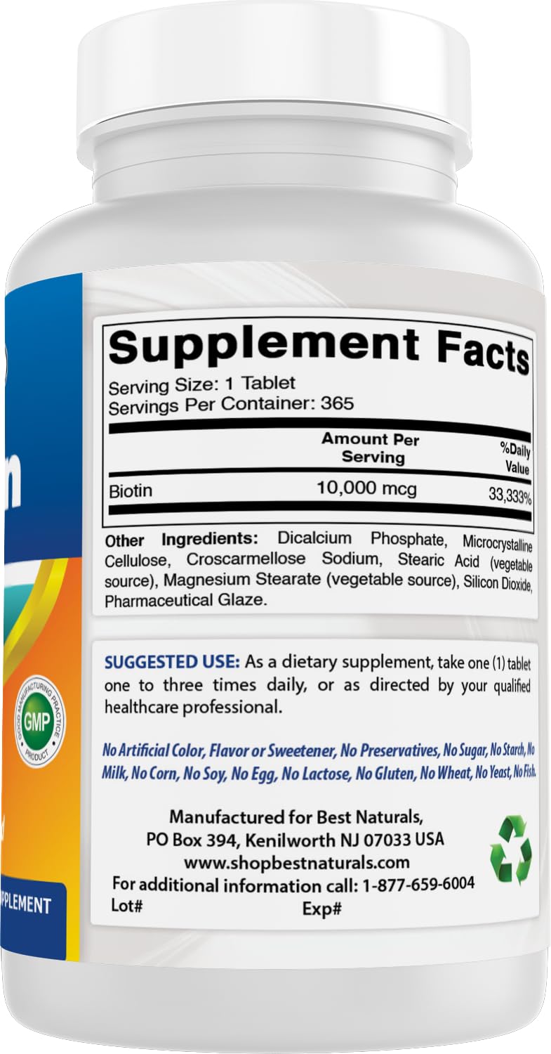 Best Naturals Biotin 10,000 mcg bottle with a measuring spoon