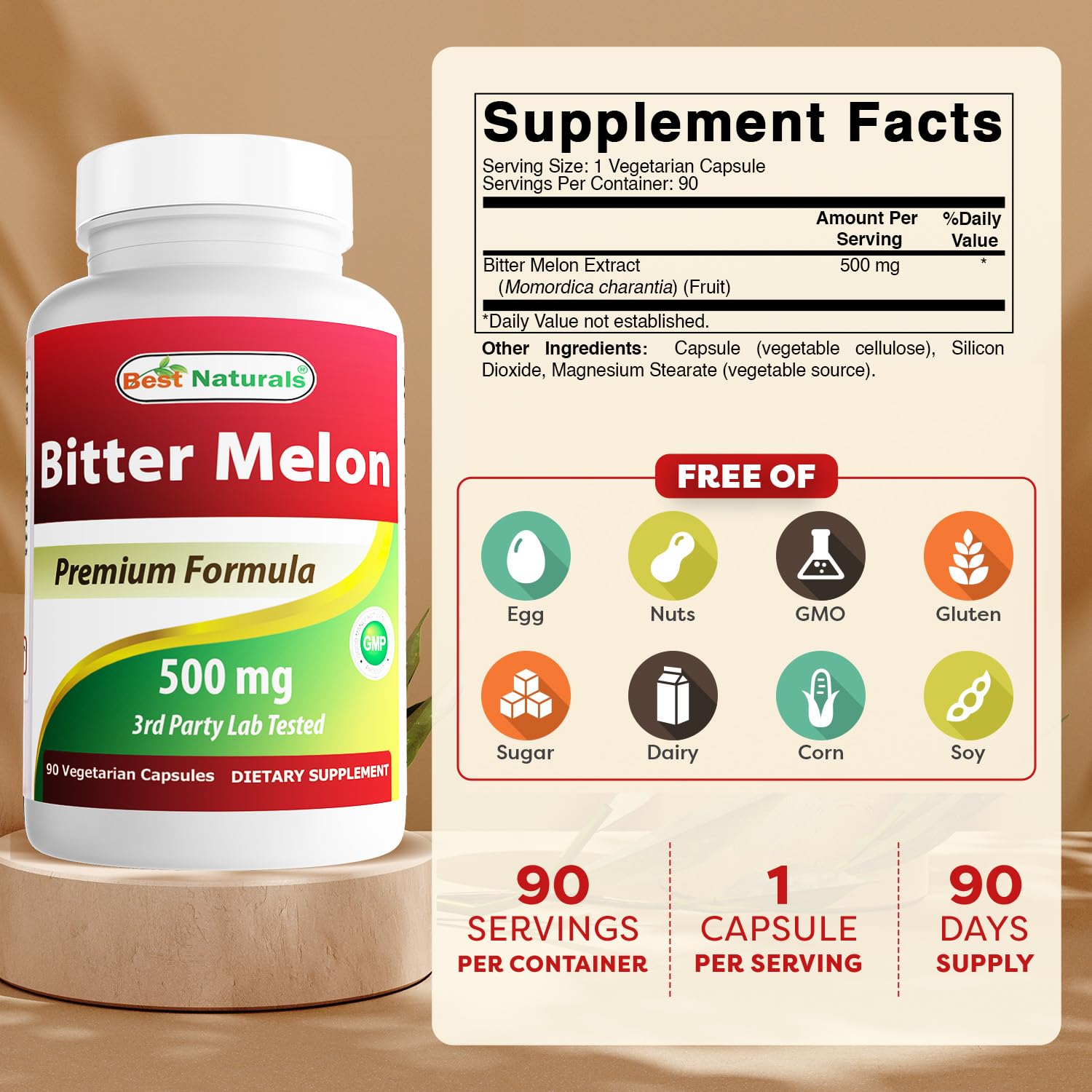 Best Naturals Bitter Melon Capsules 500mg side view showing label