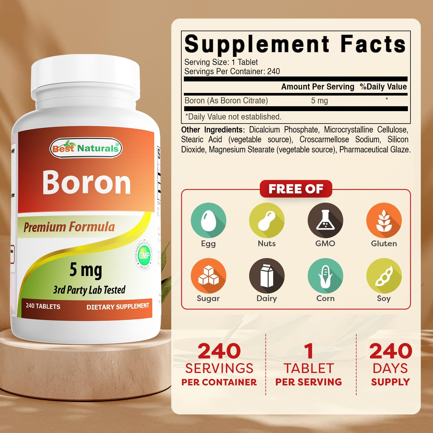 Best Naturals Boron Supplement 240 Tablets bottle side view