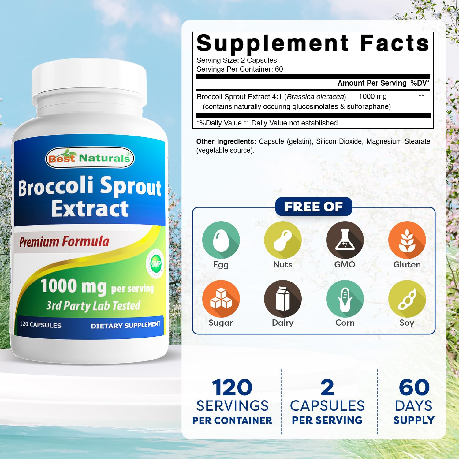 Best Naturals Broccoli Sprout Extract Capsules 1000mg bottle side view