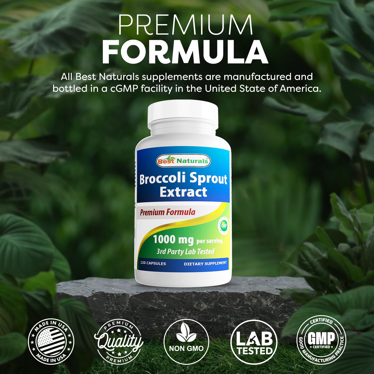 Best Naturals Broccoli Sprout Extract Capsules 1000mg on a wooden table