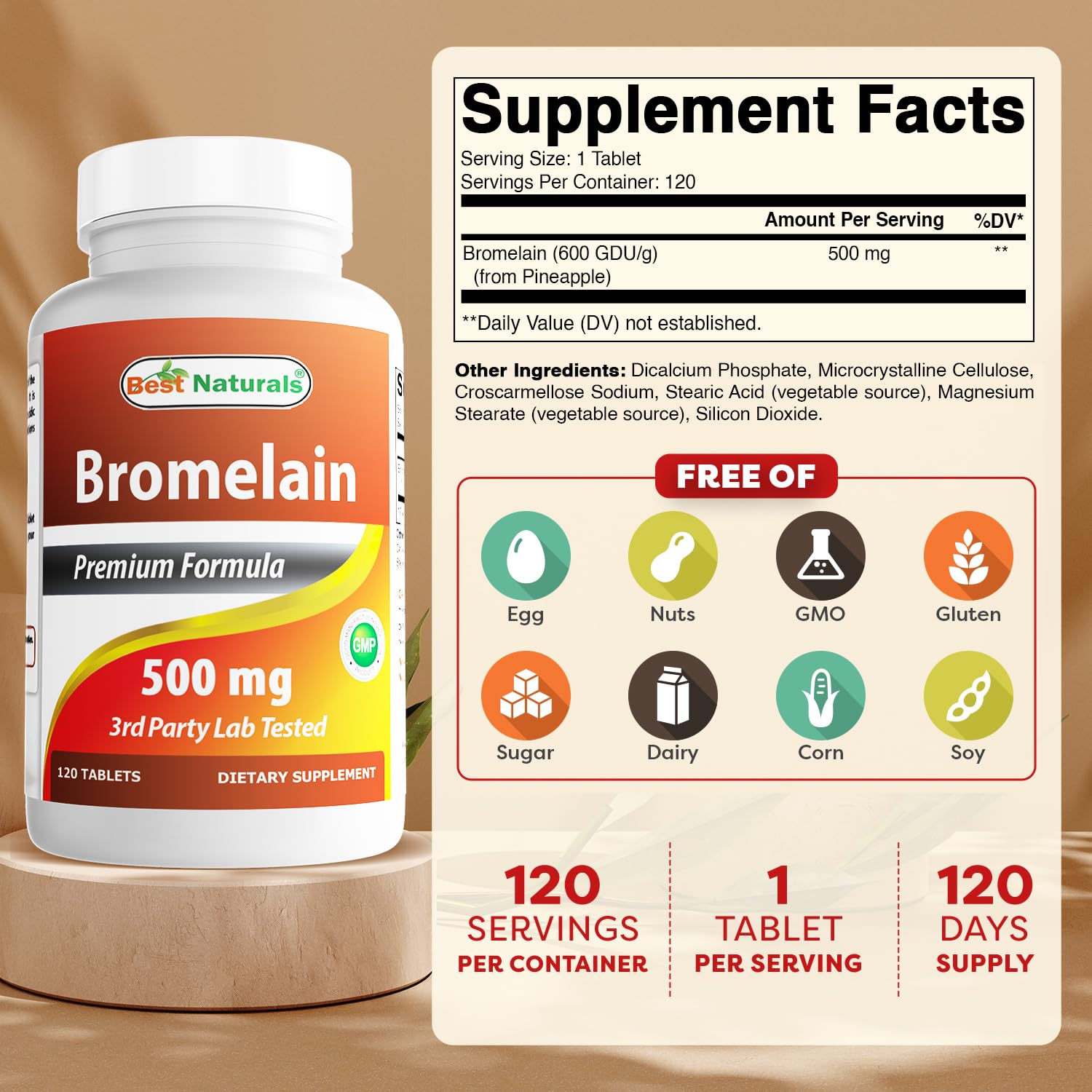 Best Naturals Bromelain Supplement 500mg bottle side view