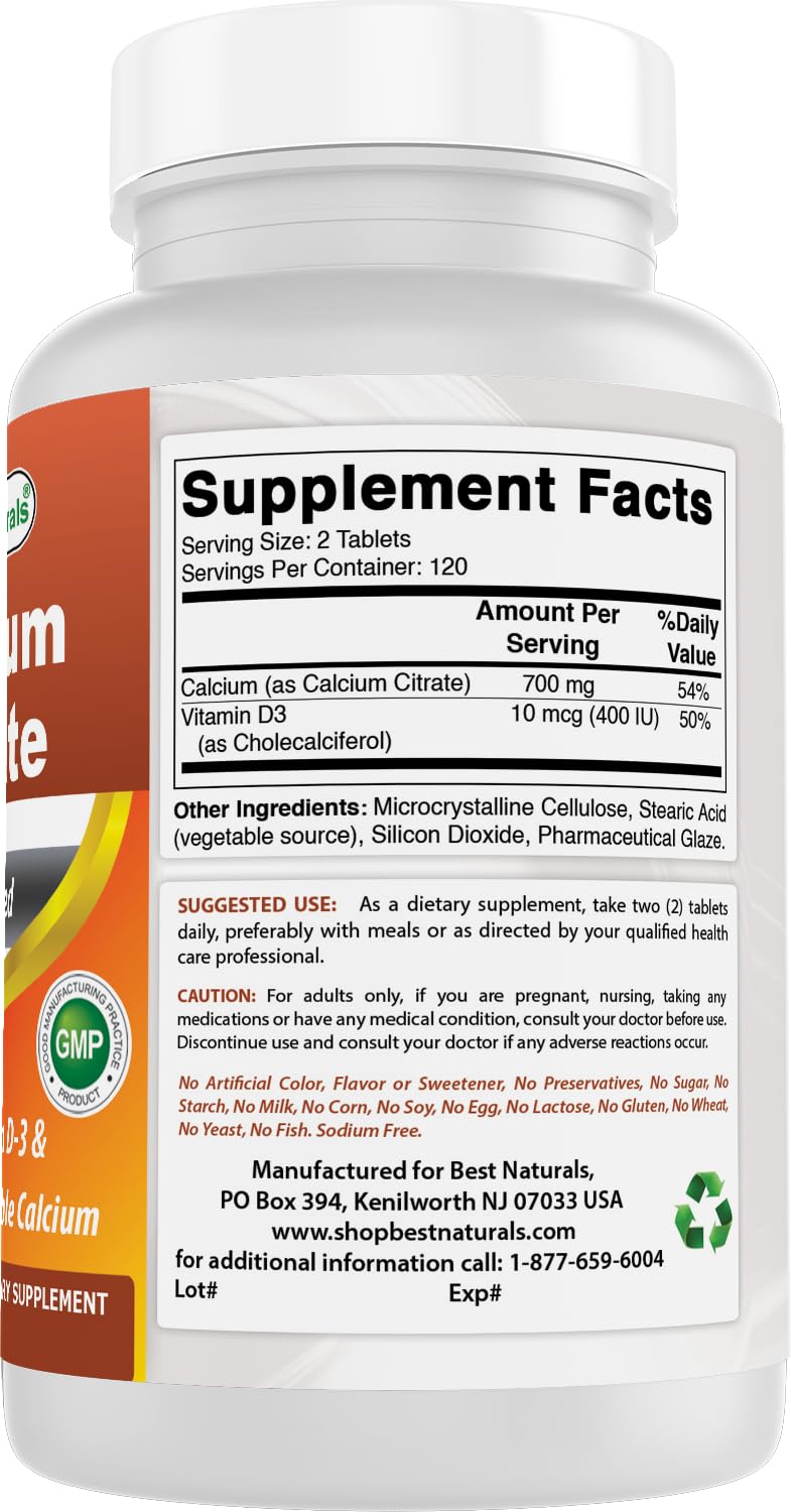 Best Naturals Calcium Citrate ingredients list close-up