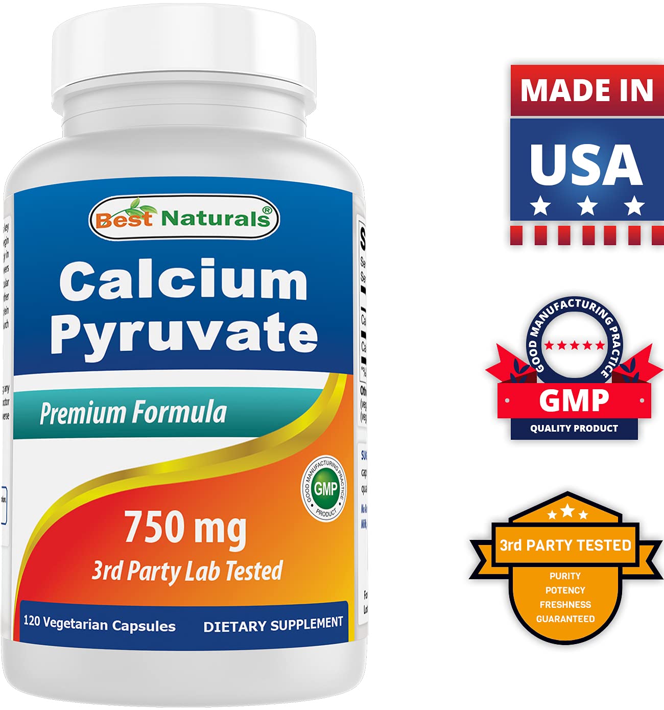 Best Naturals Calcium Pyruvate 750mg bottle with a background of natural elements