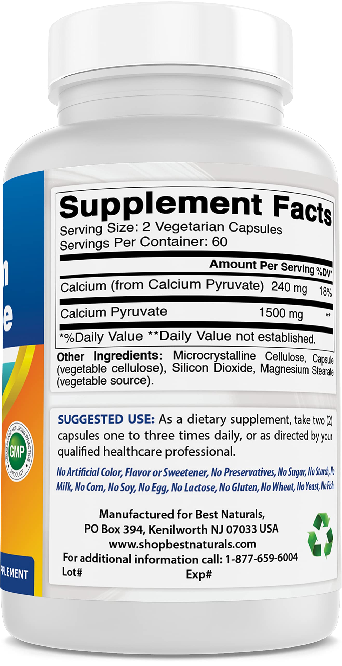 Best Naturals Calcium Pyruvate 750mg bottle with a measuring spoon