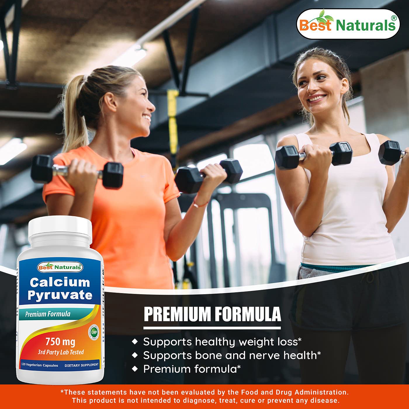 Best Naturals Calcium Pyruvate 750mg vegetarian capsules on a table