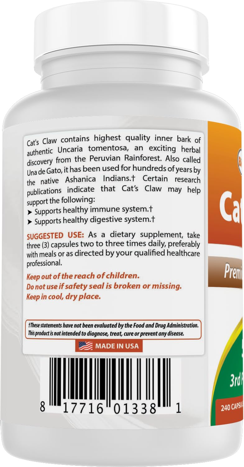 Best Naturals Cat's Claw 500mg Capsules bottle back view