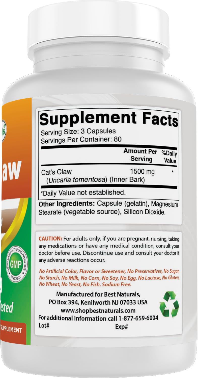 Best Naturals Cat's Claw 500mg Capsules ingredients list