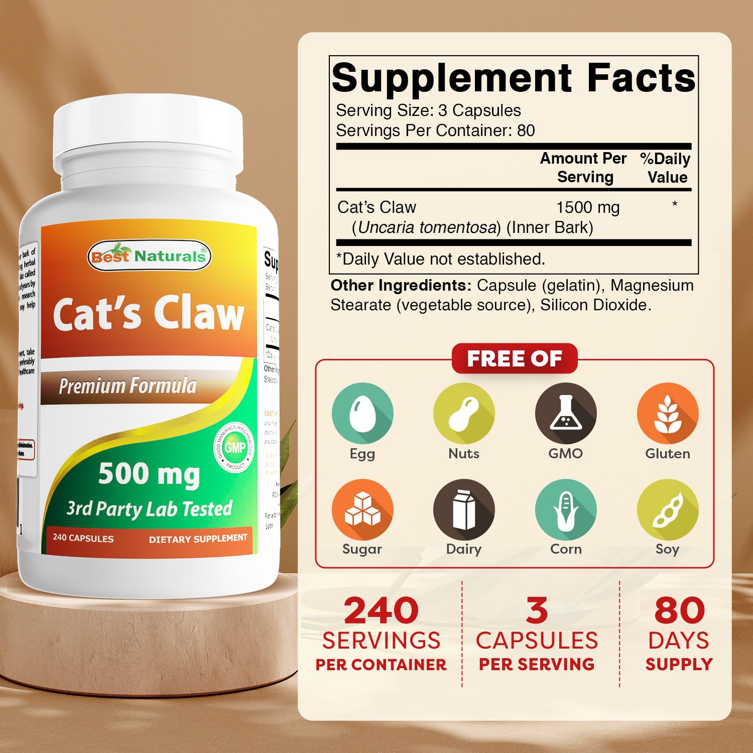 Best Naturals Cat's Claw 500mg Capsules label close-up