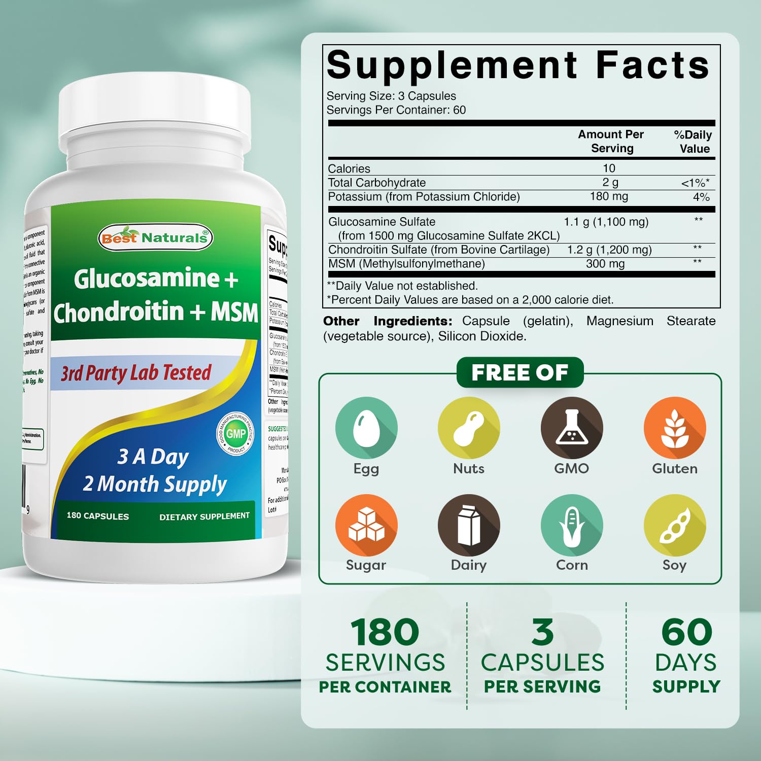 Best Naturals Chondroitin Supplement 180 capsules side view