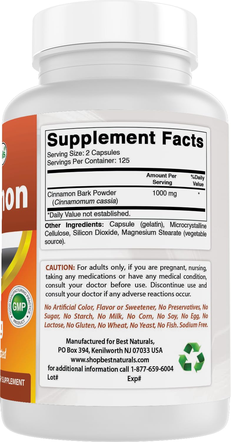 Best Naturals Cinnamon Capsules 500mg packaging details