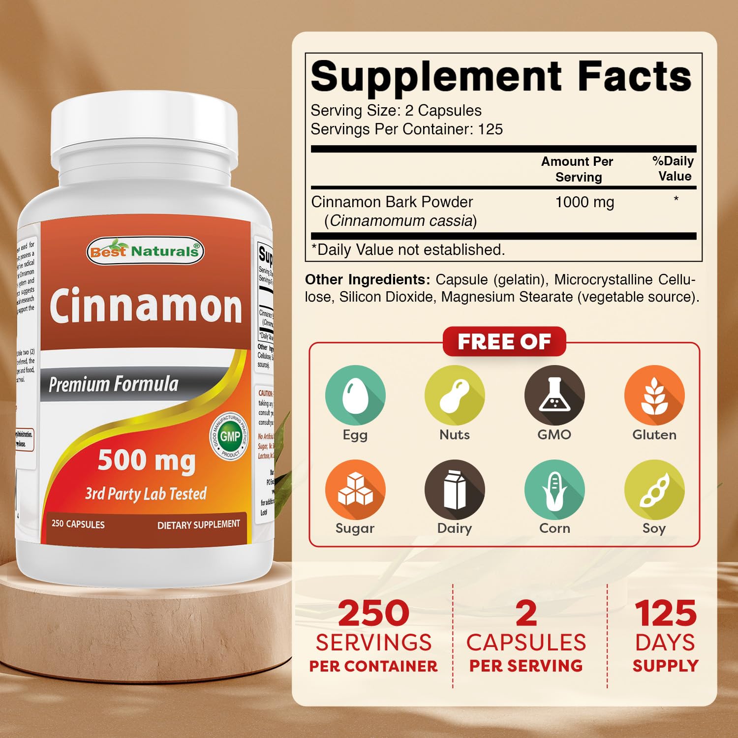 Best Naturals Cinnamon Capsules 500mg side view showing label