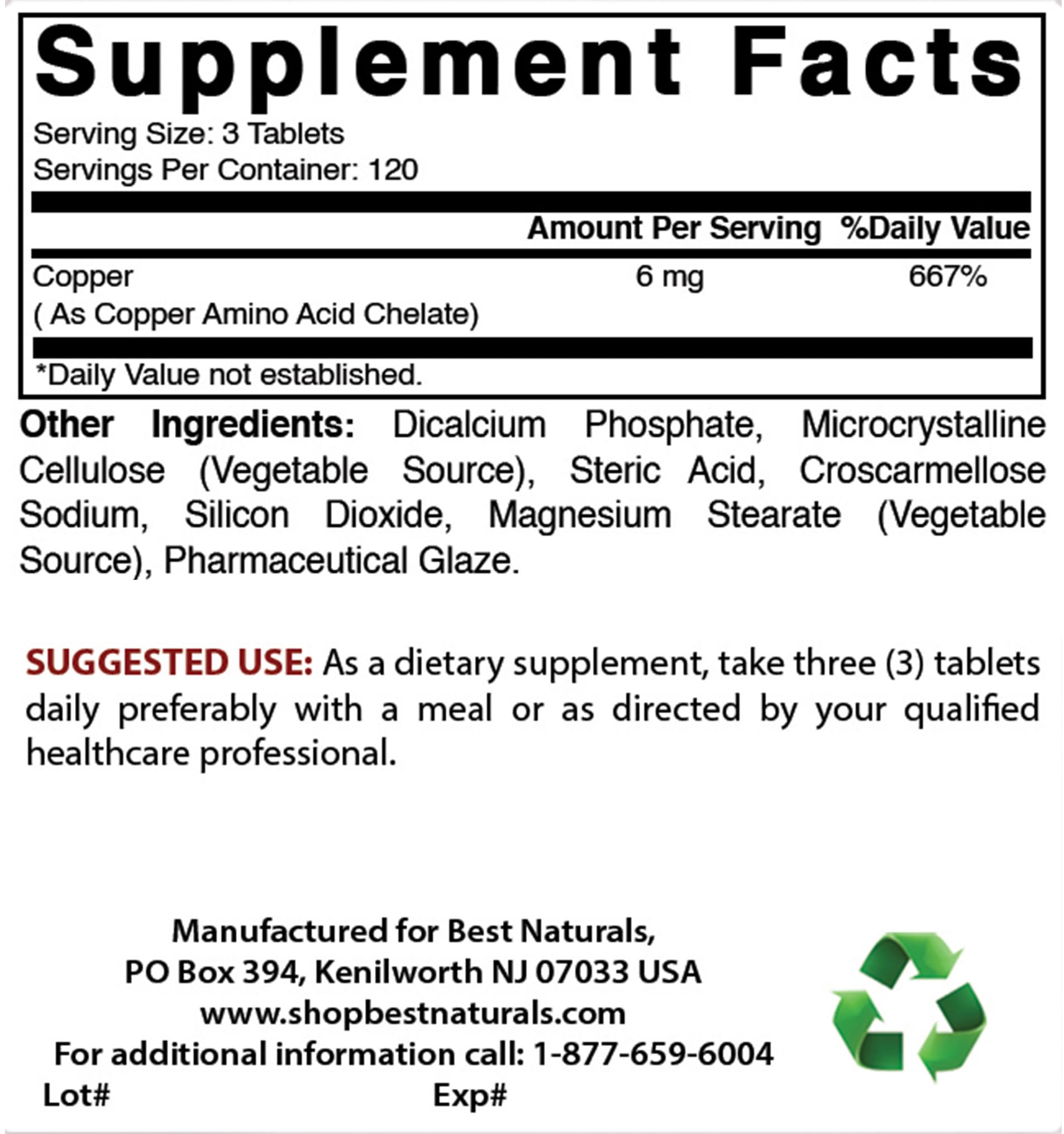 Best Naturals Copper Chelate 6 mg supplement side view, showing tablet size
