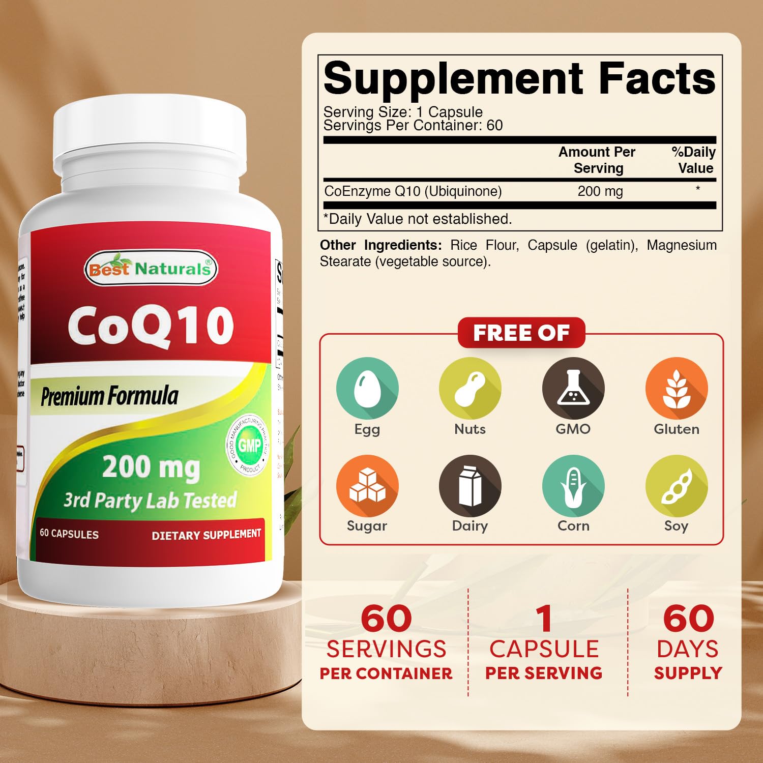 Best Naturals CoQ10 200mg capsules side view