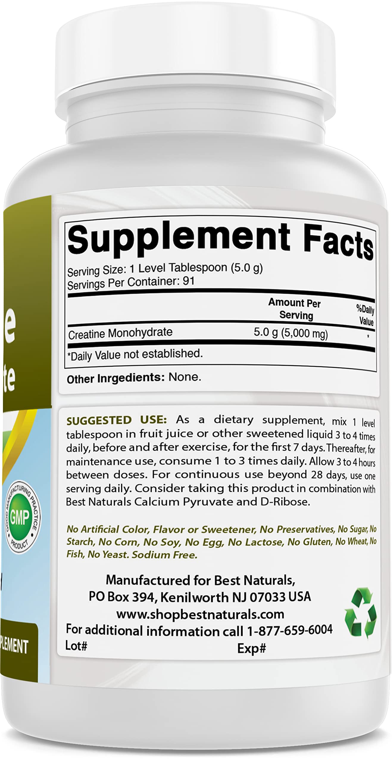 Best Naturals Creatine Monohydrate 454g back view