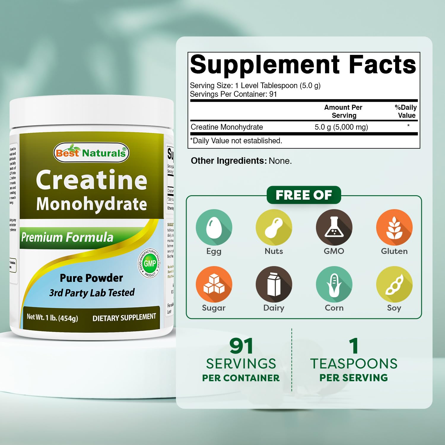 Best Naturals Creatine Monohydrate 454g back view with ingredient list
