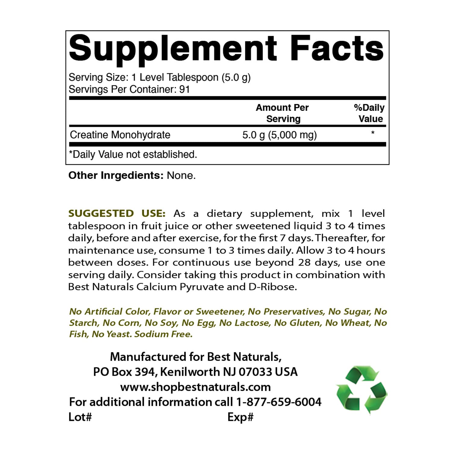 Best Naturals Creatine Monohydrate 454g label close-up
