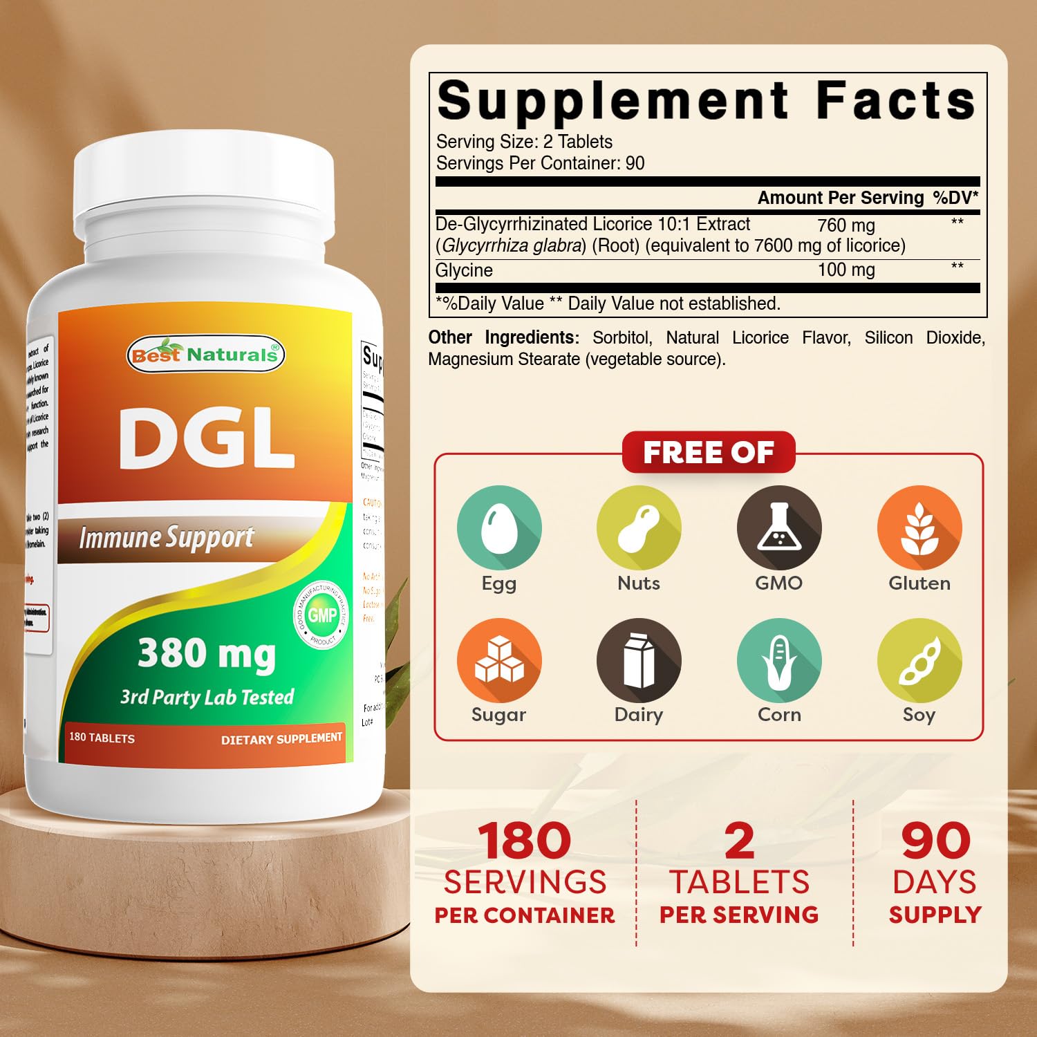 Best Naturals DGL Chewable Tablets 180 count bottle