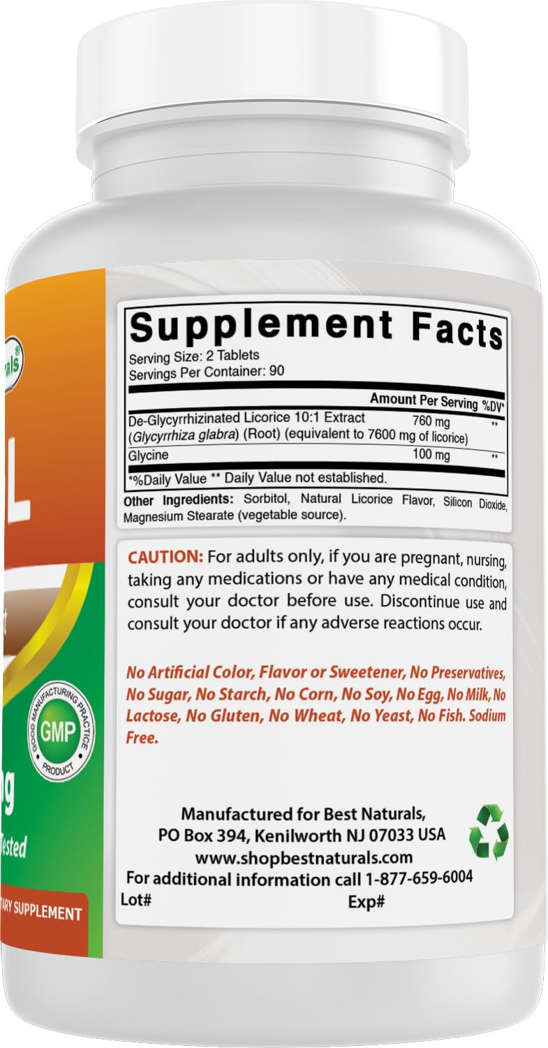 Best Naturals DGL Chewable Tablets back view of bottle