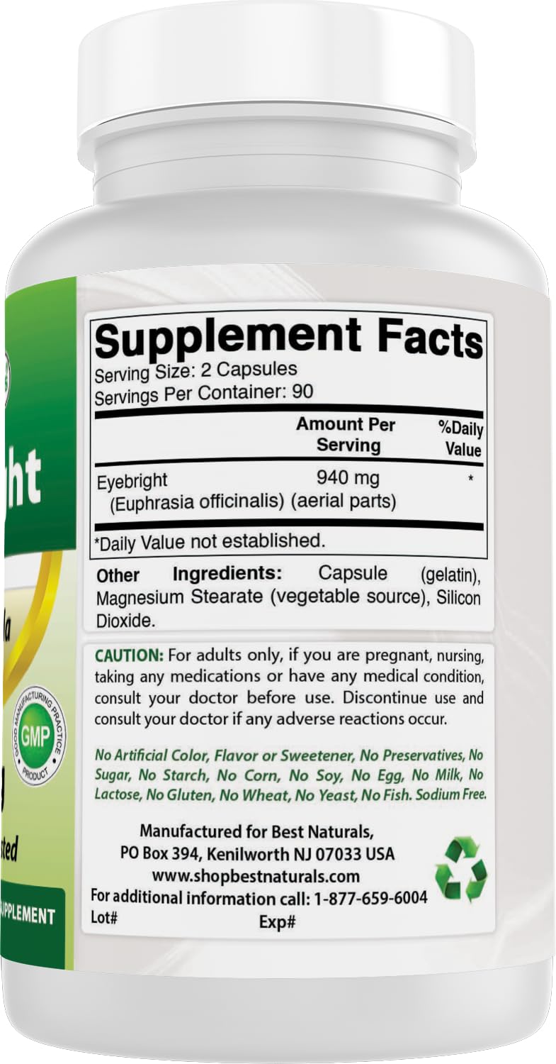 Best Naturals Eyebright Capsules 470mg bottle with a measuring spoon
