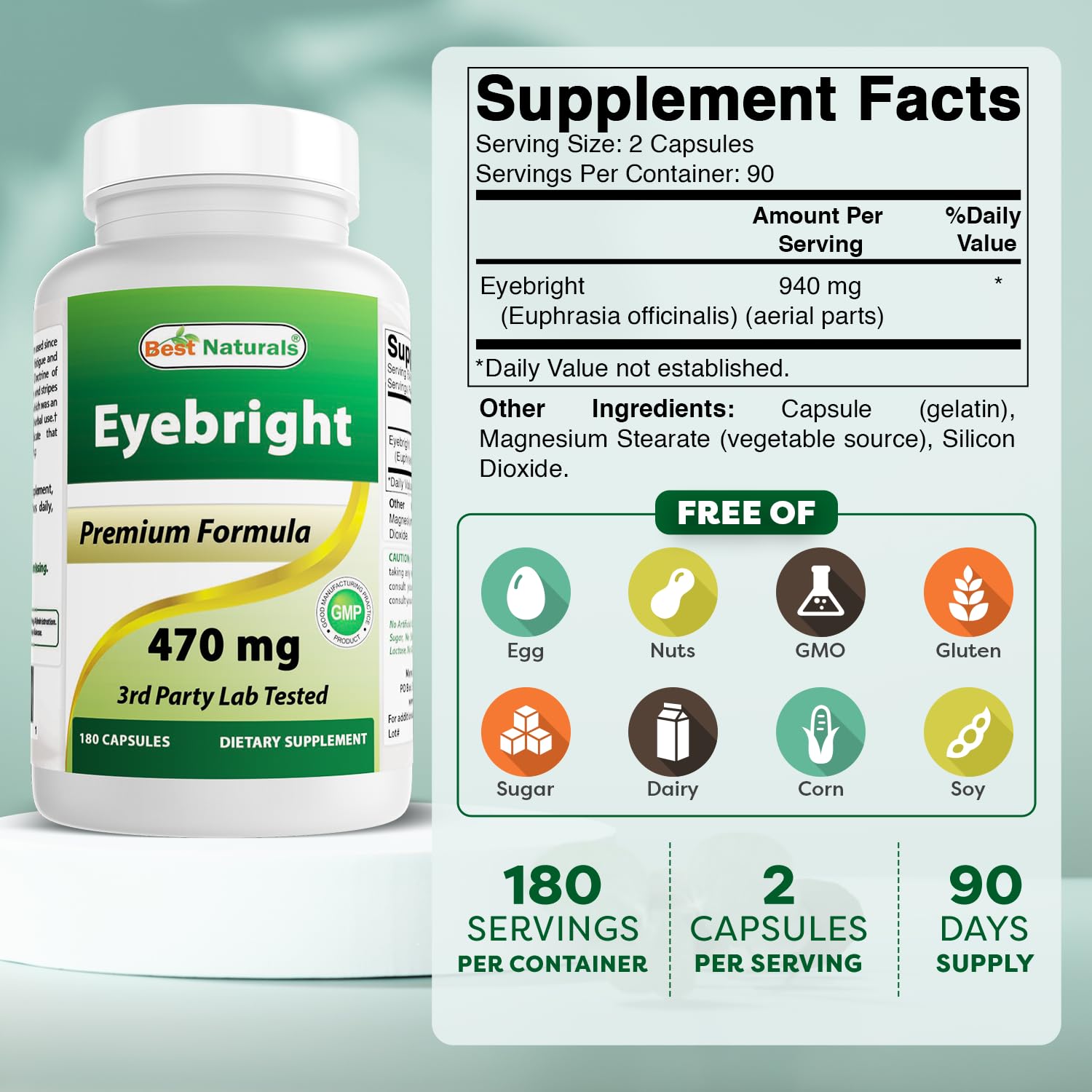 Best Naturals Eyebright Capsules 470mg side view with label