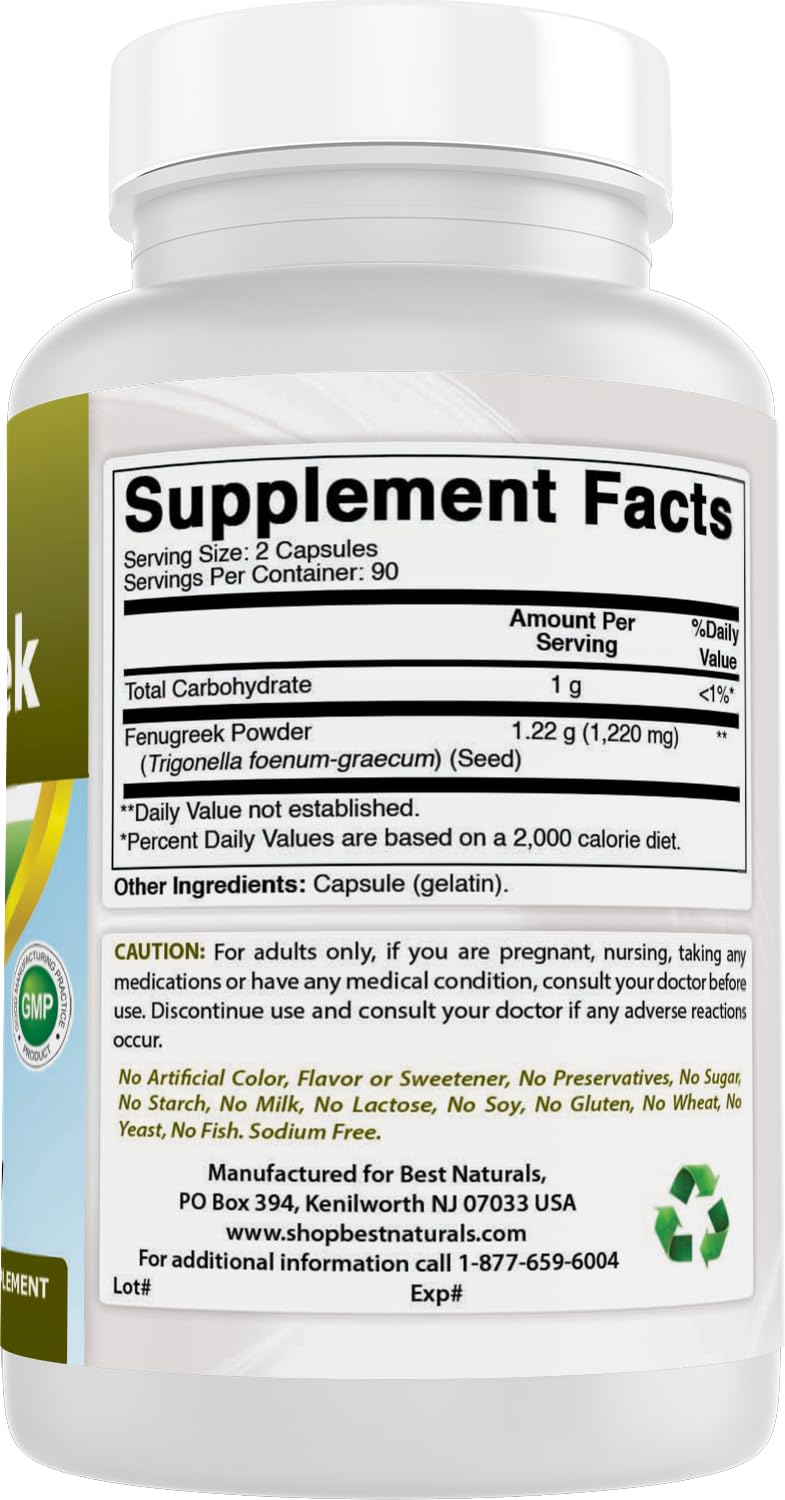 Best Naturals Fenugreek Seed Powder Capsules 610mg capsules on table