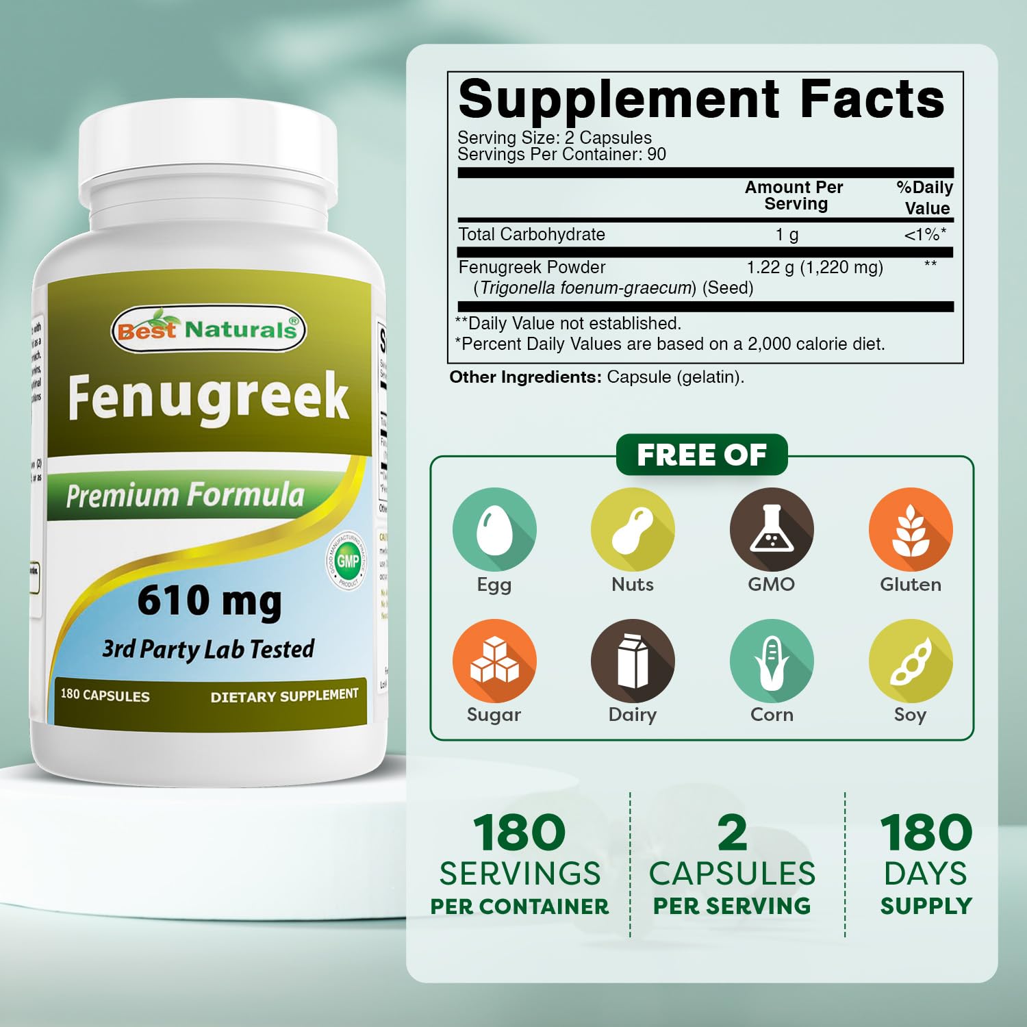 Best Naturals Fenugreek Seed Powder Capsules 610mg side view