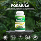 Best Naturals Feverfew Capsules in an open bottle with capsules spilled