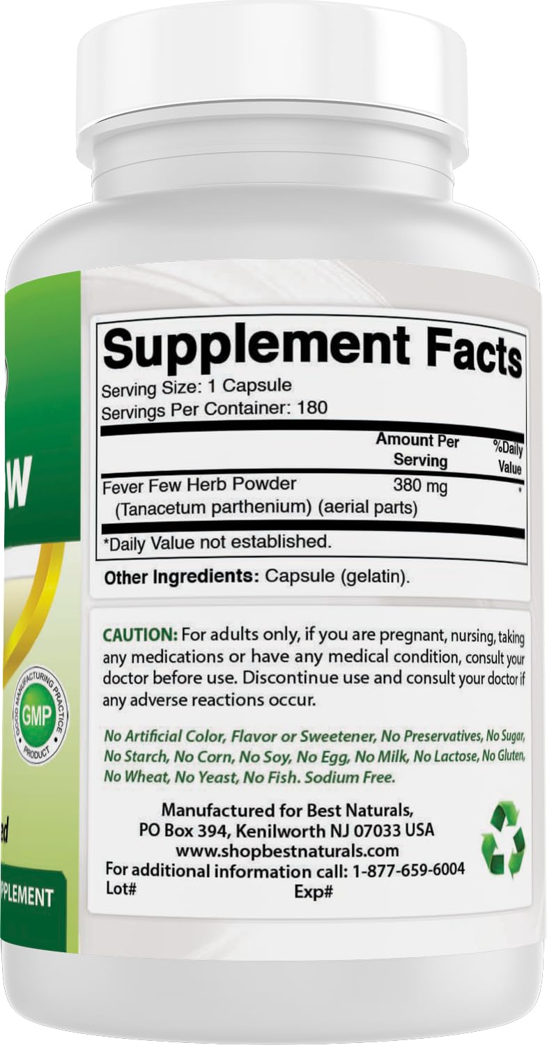 Best Naturals Feverfew Capsules on a kitchen counter
